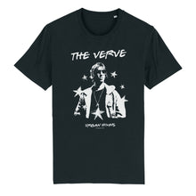 Load image into Gallery viewer, Black t-shirt with 'The Verve' graphic design on a white background