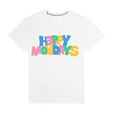 Load image into Gallery viewer, A white short-sleeve crewneck t-shirt featuring a colorful retro-style graphic that reads 'HAPPY MONDAYS' in bubbly, multi-colored letters.
